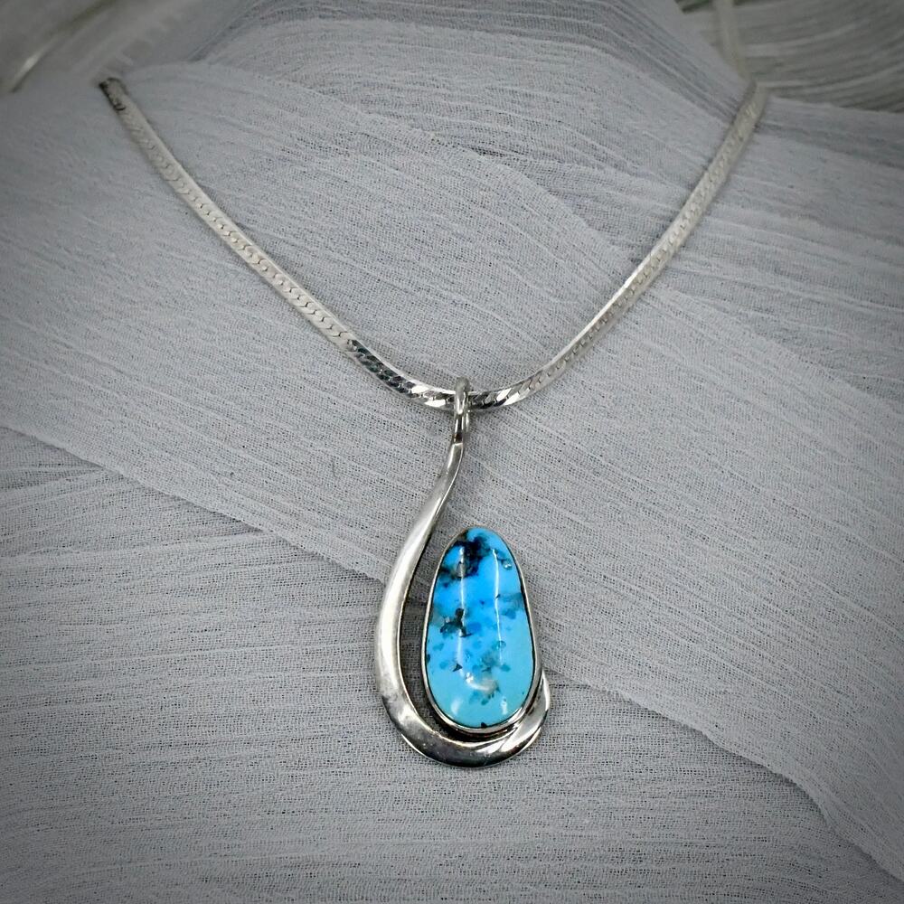 Tom Burns Signed Sterling Modernist Turquoise Pendant 30" Herringbone Chain 14g